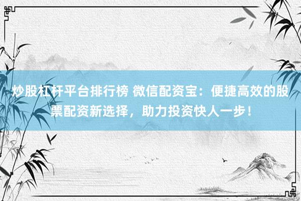 炒股杠杆平台排行榜 微信配资宝：便捷高效的股票配资新选择，助力投资快人一步！